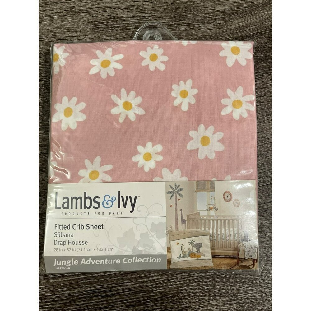 Lambs & Ivy Fitted Crib Sheet Pink Daisy Print Jungle Adventure Collection NEW